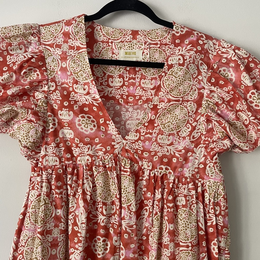 Maeve Babydoll Flutter Sleeve Printed Midi Dress Sz S Boho Chic Cottage Pockets - Picture 4 of 11